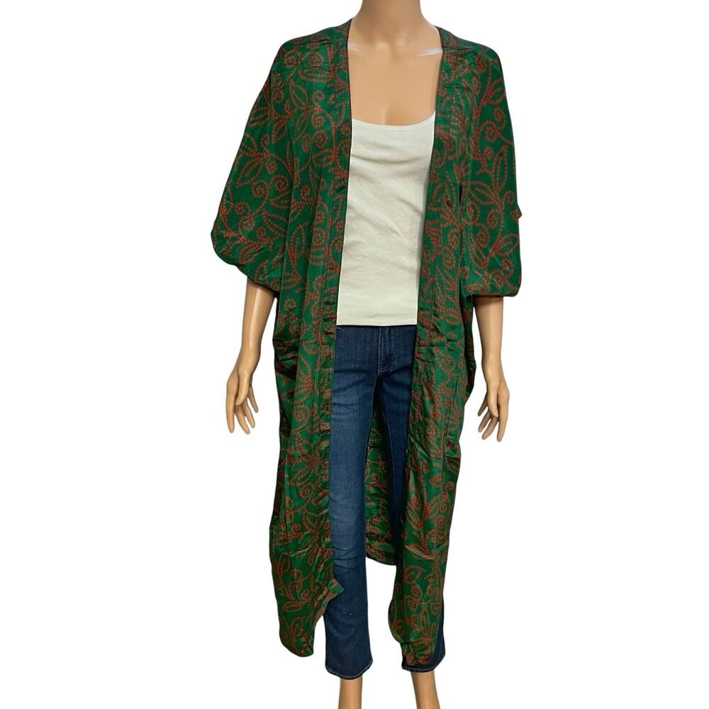 Darn Good Yarn Silk Blend Kimono One Size Floral Boho Open Front Long Green Red